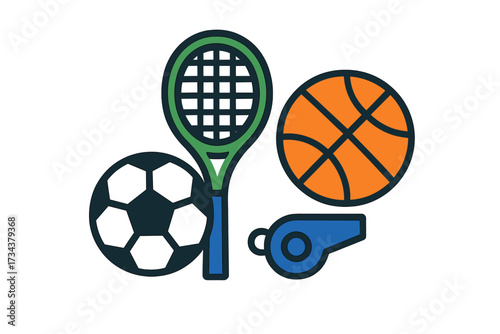 Diverse collection of essential sports equipment including a soccer ball, tennis racket, basketball, whistle, and other athletic items for games and training