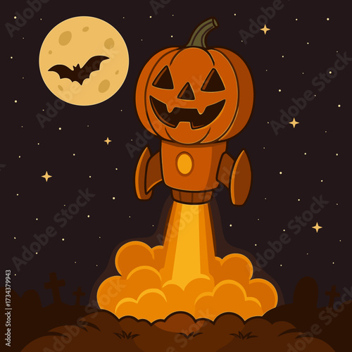 Whimsical Jack-o'-lantern rocket launching into the night sky with a full moon and stars