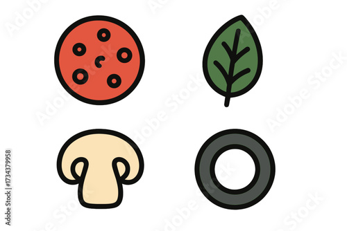 Assortment of pizza topping ingredients including pepperoni, mushroom, spinach leaf, and black olive slice icons