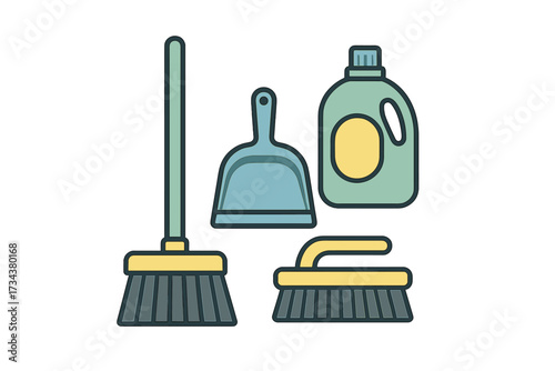 Essential household cleaning tools and supplies including a broom, dustpan, scrubbing brush, and liquid detergent bottle