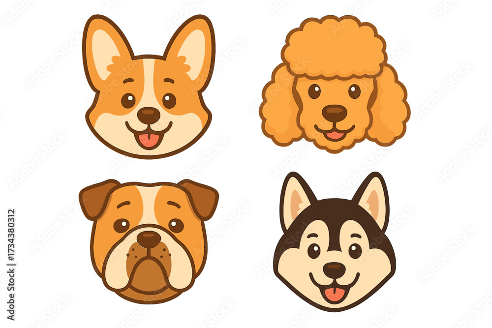 Fototapeta premium Adorable cartoon dog faces collection featuring popular breeds including Corgi, Poodle, Bulldog, and Husky