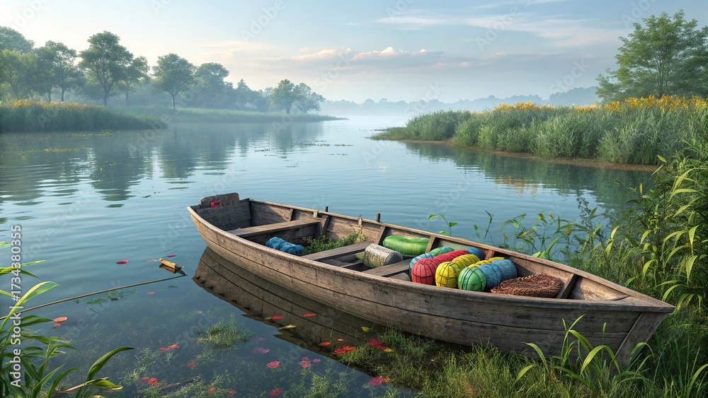 Obraz premium Rustic rowboat carrying colorful fishing gear floating on calm waters capturing maritime culture and traditional fishing lifestyle