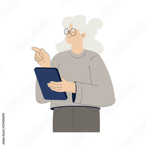 Old Woman Character with Tablet Use Internet and Modern Gadget Vector Illustration