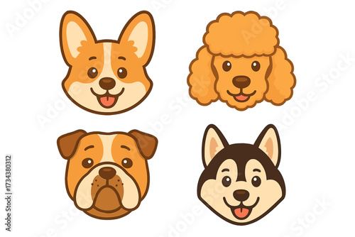 Adorable cartoon dog faces collection featuring popular breeds including Corgi, Poodle, Bulldog, and Husky