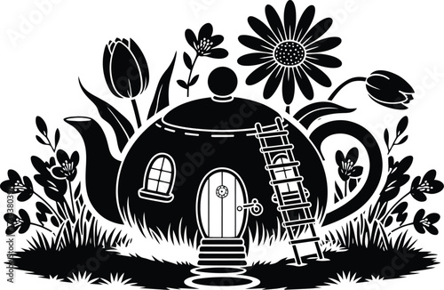 Teapot house vector art illustration with flowers and ladder silhouette design for print and cut