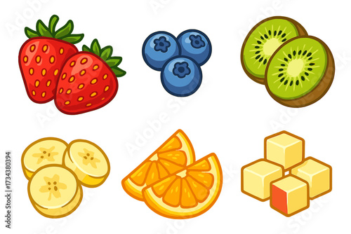 Assortment of fresh healthy fruits including strawberries, blueberries, kiwi, banana, orange, and mango