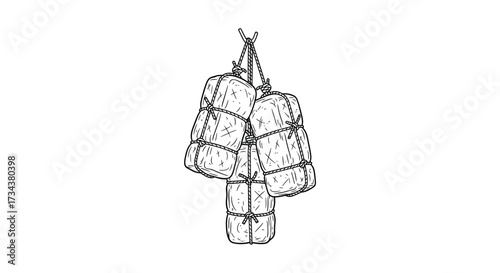 A bundled collection of items securely tied together and suspended from a single point for carrying or storage purposes.