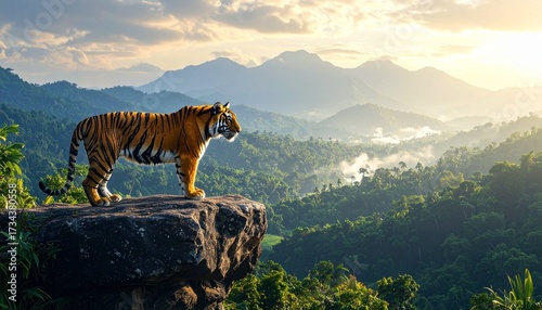 Tiger Standing on High Rocky Ledge Above Jungle Valley, Majestic Predator Animal and Feline Wildlife Capturing Power, Authority, and Endangered Species Conservation