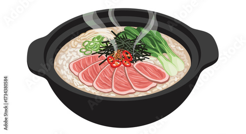 A steaming bowl of savory noodle soup topped with thinly sliced raw tuna and fresh green vegetables.