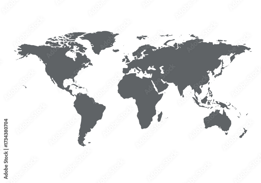 Fototapeta premium Gray world map illustration on a white background showcasing continents islands