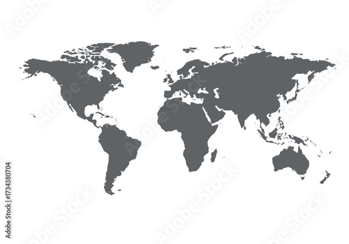Gray world map illustration on a white background showcasing continents  islands