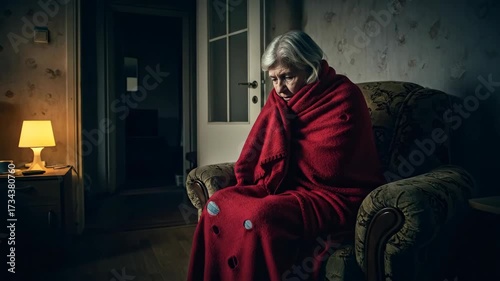 Elderly woman sitting in troubled mood at night, feeling worried, alone, and sad due to trouble, old age in slow motion footage.