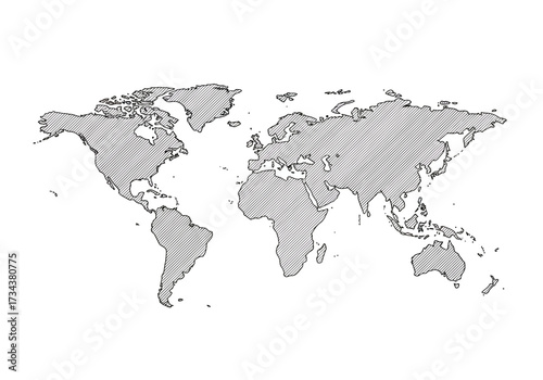 Handdrawn map outline of the world Landmasses filled with lines