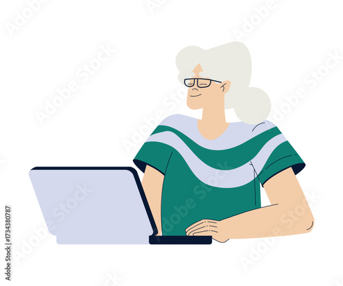 Old Woman Character at Laptop Use Internet and Modern Gadget Vector Illustration