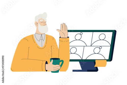 Old Man Character at Computer Communicate with Friends Use Internet and Modern Gadget Vector Illustration