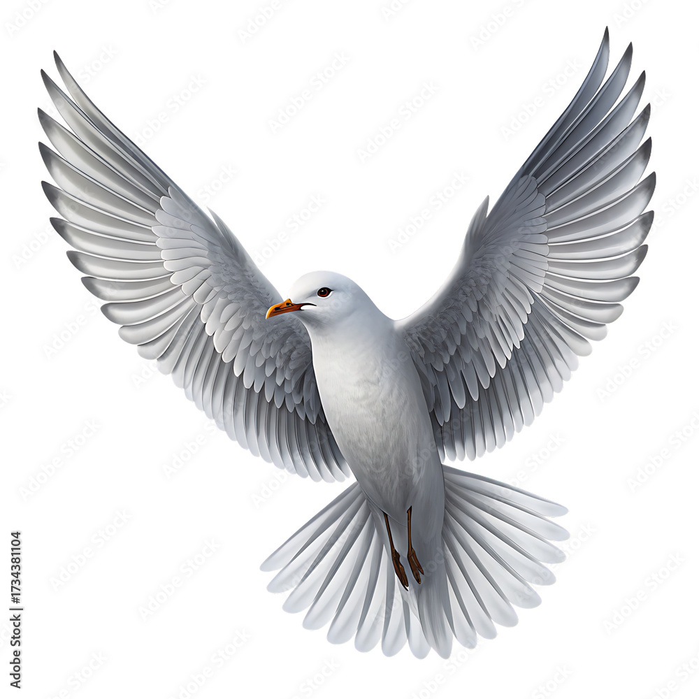 Fototapeta premium A seagull in flight with its wings spread wide, showcasing the beauty and freedom of nature isolated on transparent background, perfect for avian enthusiasts