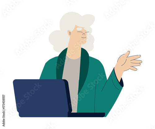 Old Woman Character at Laptop Use Internet and Modern Gadget Vector Illustration