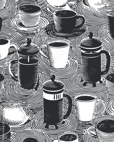 A stylish black and white illustration of various coffee cups and brewing devices..
