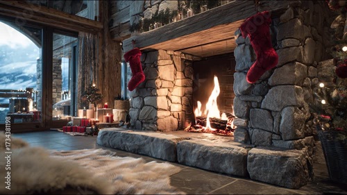 Cozy rustic cabin interior with a stone fireplace adorned with red stockings and Christmas decorations. Snowy outdoor view and festive scene create warmth. Video made using Generative AI.