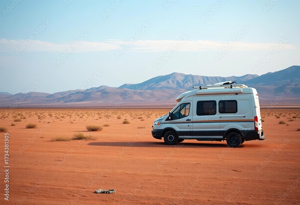 Obraz premium A lone campervan parked amidst a vast, empty landscape, winter, wilderness
