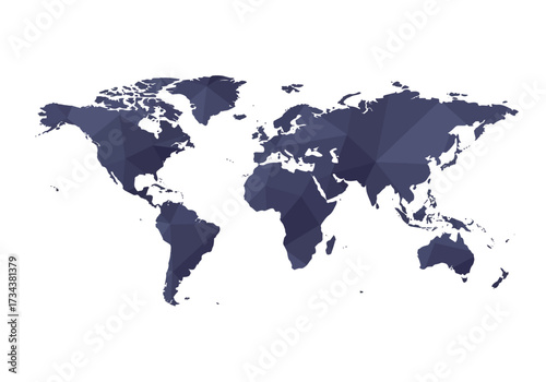 Lowpoly polygonal world map with blue continents on a white background