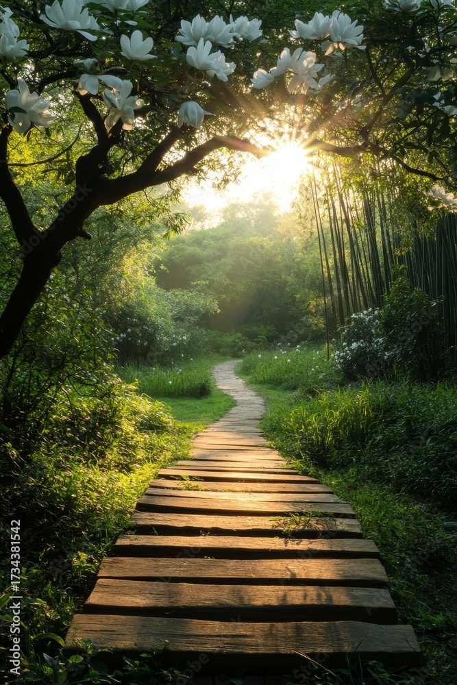 Fototapeta premium The spring season brings vibrant beauty to the garden, where a lovely park boasts blooming magnolia trees beside a peaceful pond