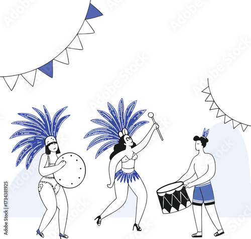 People in carnival costumes dancing and playing music