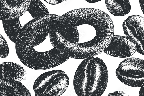 A detailed black and white illustration of coffee beans and bagels creating a unique pattern..