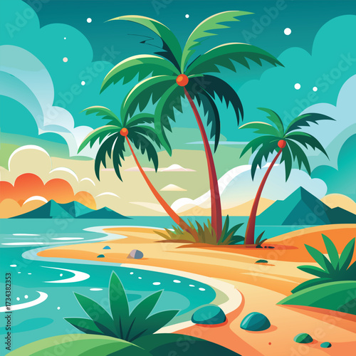 Dream vacation tropical coast with palm leaves, turquoise water and sandy beach illustration