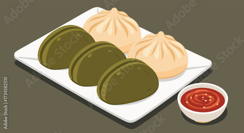 A delightful assortment of steamed buns and green macarons served with a side of spicy dipping sauce.