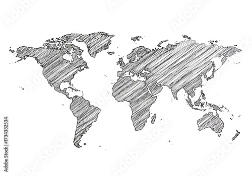Sketch of a world map displaying continents rendered with diagonal hatching