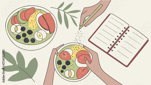 Overhead shot of a person preparing a healthy fruit salad with a recipe book, showcasing a vibrant and nutritious meal preparation process
