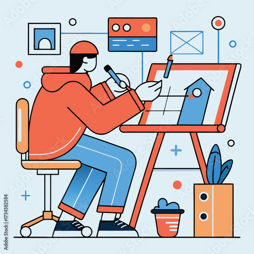 Modern artist designs with vibrant lines, sketching a whimsical blue birdhouse on their drawing board