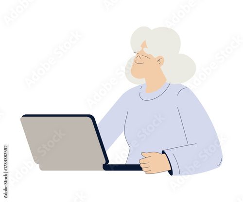 Old Woman Character with Laptop Use Internet and Modern Gadget Vector Illustration
