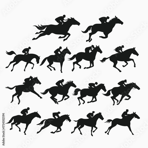 Multiple horse racing black silhouette illustrations showing jockey riding the horse during race event