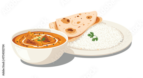 A delicious Indian dish of creamy chicken tikka masala served with fluffy white rice and warm naan bread.