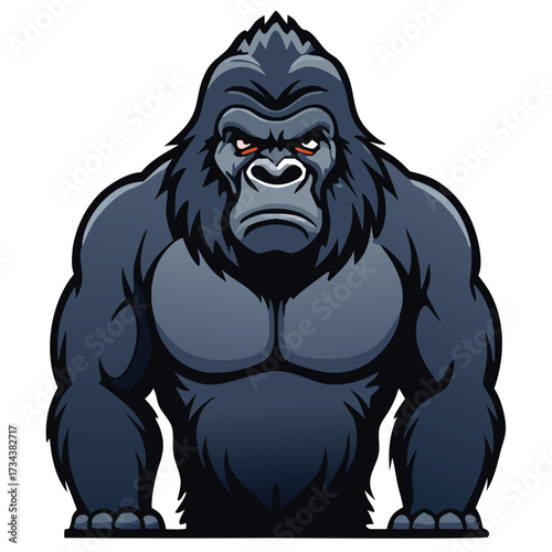 Muscular gorilla with piercing orange eyes stares intensely, displaying its dominant power and rugged strength
