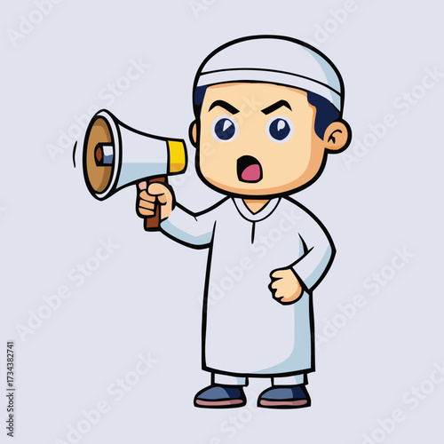 Muslim boy yells into megaphone, passionately sharing important message, wearing traditional attire