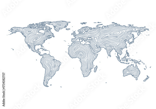 World map outline featuring concentric wavy lines light blue on white