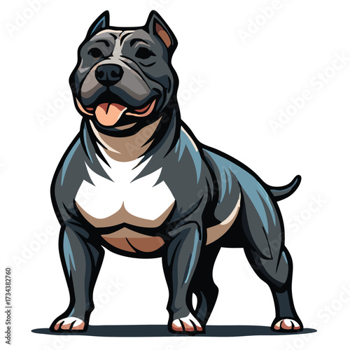 Muscular blue pitbull stands confidently with a determined expression against the white background in a style