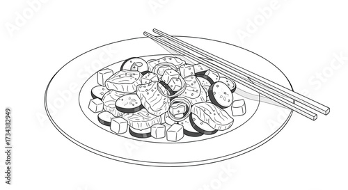 Delicious plate of food with chopsticks ready for eating.