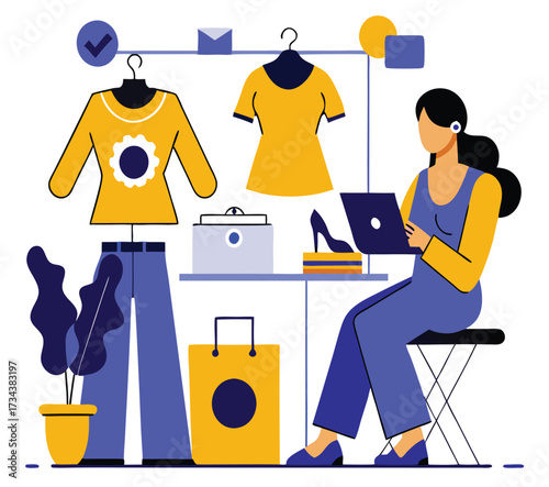 Modern woman uses laptop near clothes and shoe displaying online retail shopping