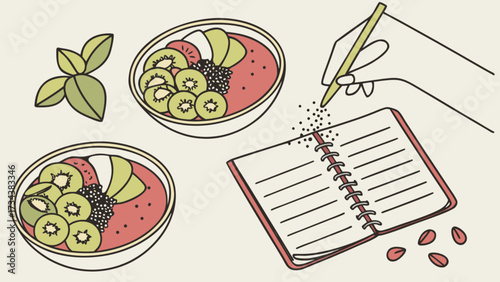 Illustration of a hand writing a recipe next to two smoothie bowls with kiwi, blackberries, and basil