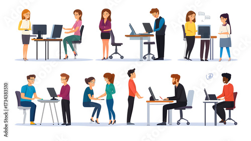 Wallpaper Mural A collection of scenes featuring office workers collaborating - participating in business meetings, brainstorming sessions, and working on computers - illustrated in colorful, cartoon-style Torontodigital.ca