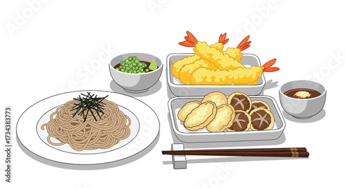 A delicious assortment of traditional Japanese cuisine including soba noodles tempura and various fried vegetables.