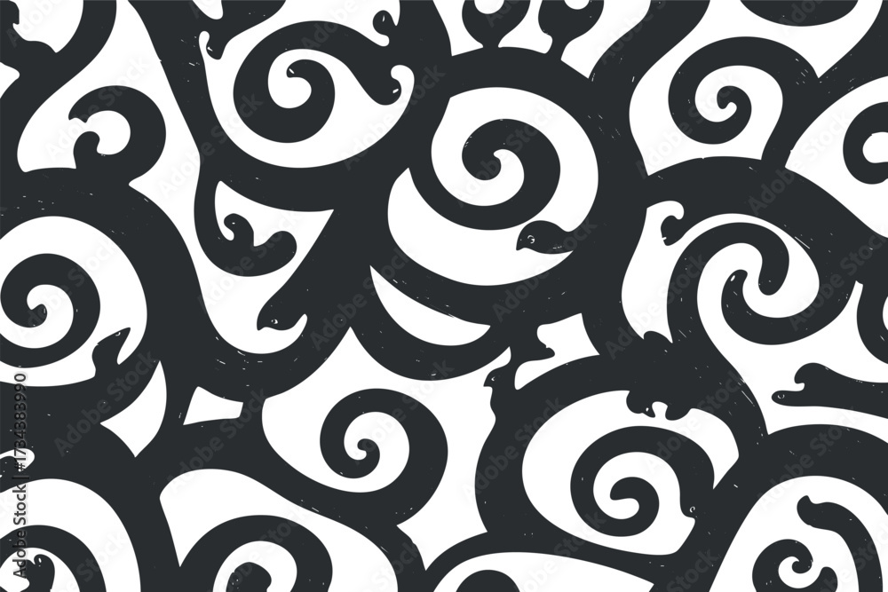 Fototapeta premium A stylized abstract black and white swirling pattern with intricate curves and shapes..