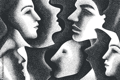 An abstract illustration featuring multiple human profiles in a creative black and white design..