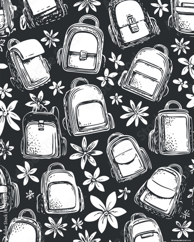 A seamless pattern featuring hand-drawn backpacks and flowers on a black background..