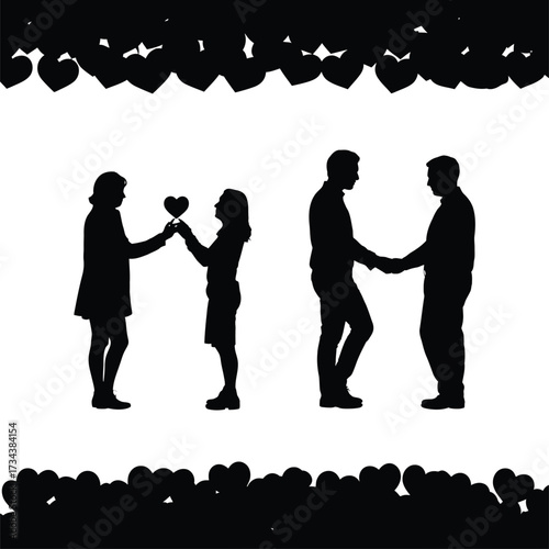 Silhouette couples love heart valentine's day romance relationship togetherness vector illustration design