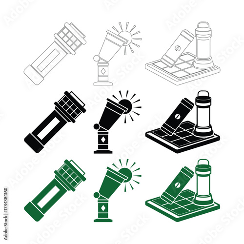 Innovative solar powered flashlight and portable torch icon collection with minimal line style and solid silhouette for energy saving device graphics